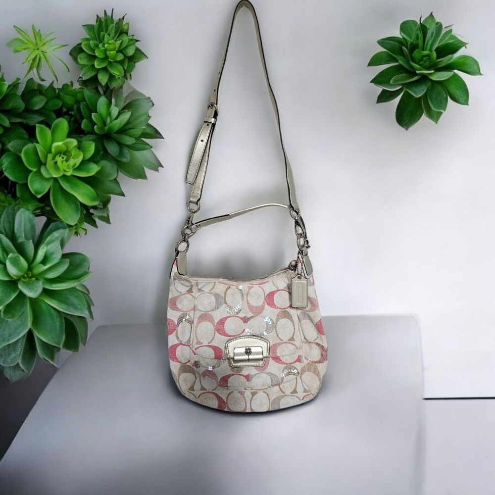 Coach Cream and Pink Crossbody Bag with Iconic Monogram